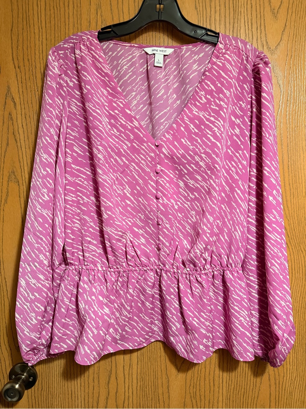 EUC Nine West Blouse in Magenta Pink with V-Neck and Peplum Silhouette